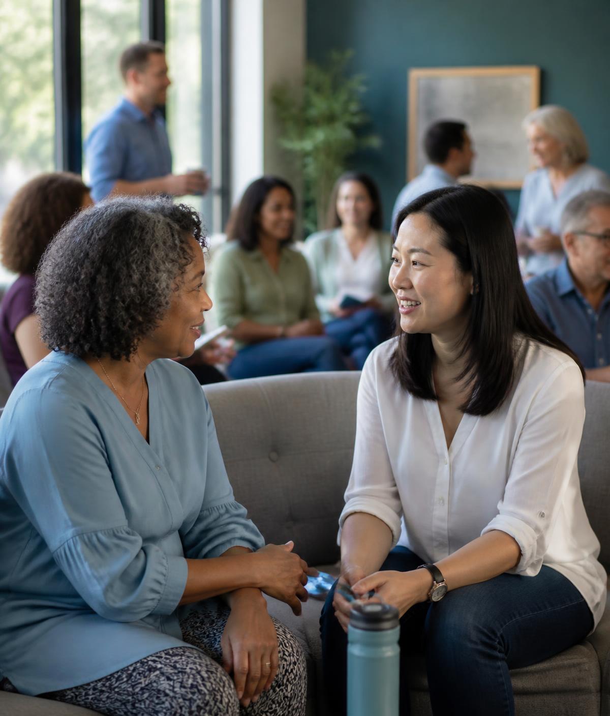 Community members talking together in a bright, welcoming lounge