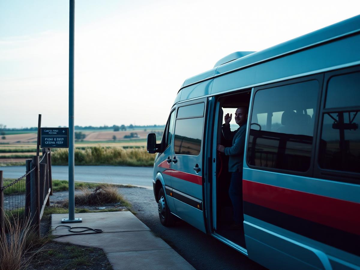 A community van picking up riders at a rural stop